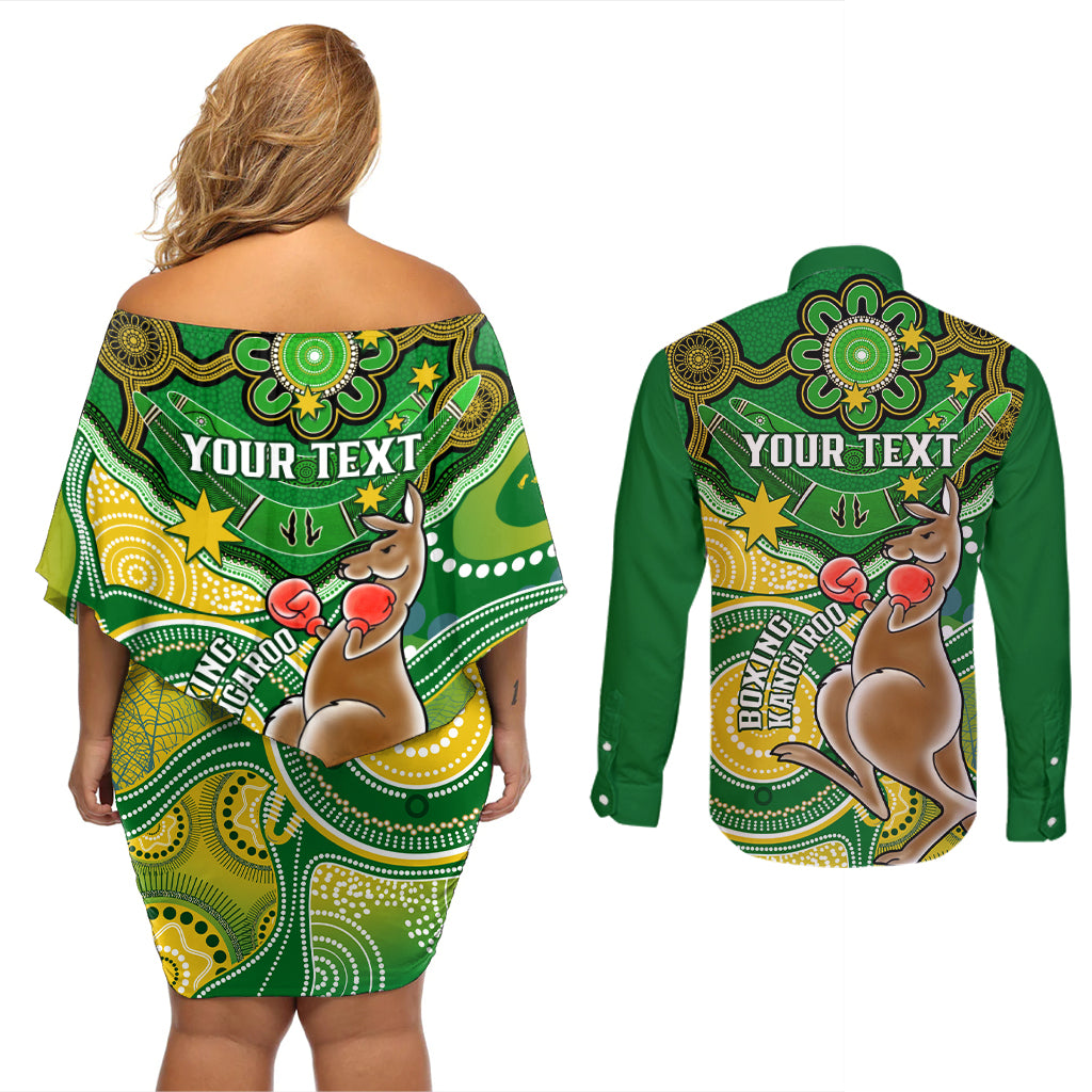personalised-australia-boxing-kangaroo-couples-matching-off-shoulder-short-dress-and-long-sleeve-button-shirt-aussie-indigenous-art-mix-national-color