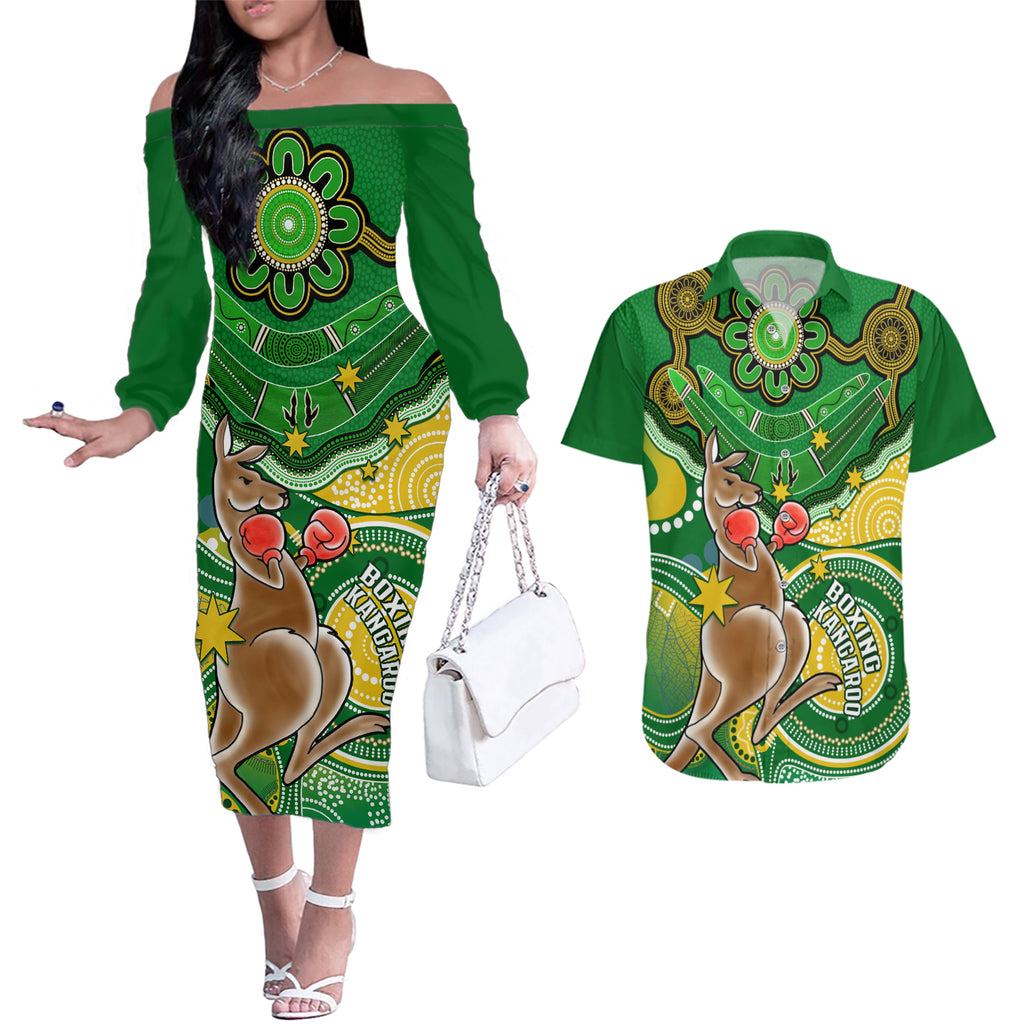 personalised-australia-boxing-kangaroo-couples-matching-off-the-shoulder-long-sleeve-dress-and-hawaiian-shirt-aussie-indigenous-art-mix-national-color