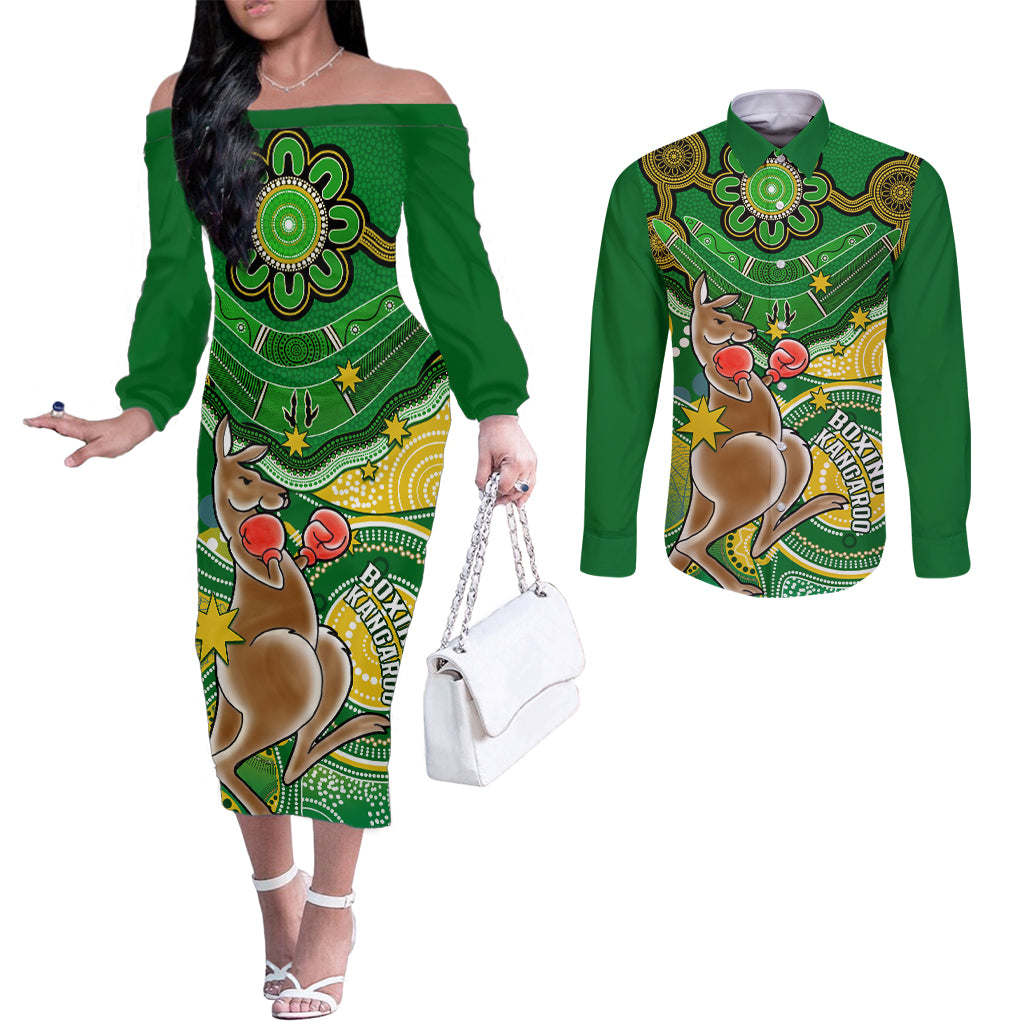 personalised-australia-boxing-kangaroo-couples-matching-off-the-shoulder-long-sleeve-dress-and-long-sleeve-button-shirt-aussie-indigenous-art-mix-national-color
