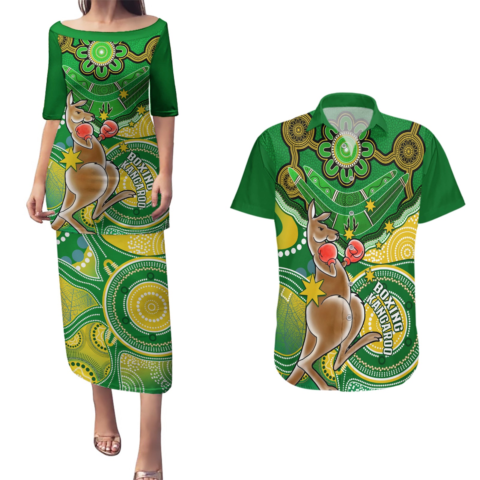 personalised-australia-boxing-kangaroo-couples-matching-puletasi-dress-and-hawaiian-shirt-aussie-indigenous-art-mix-national-color