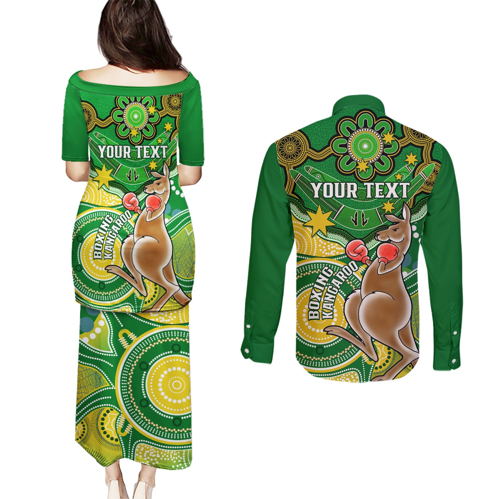 personalised-australia-boxing-kangaroo-couples-matching-puletasi-dress-and-long-sleeve-button-shirt-aussie-indigenous-art-mix-national-color