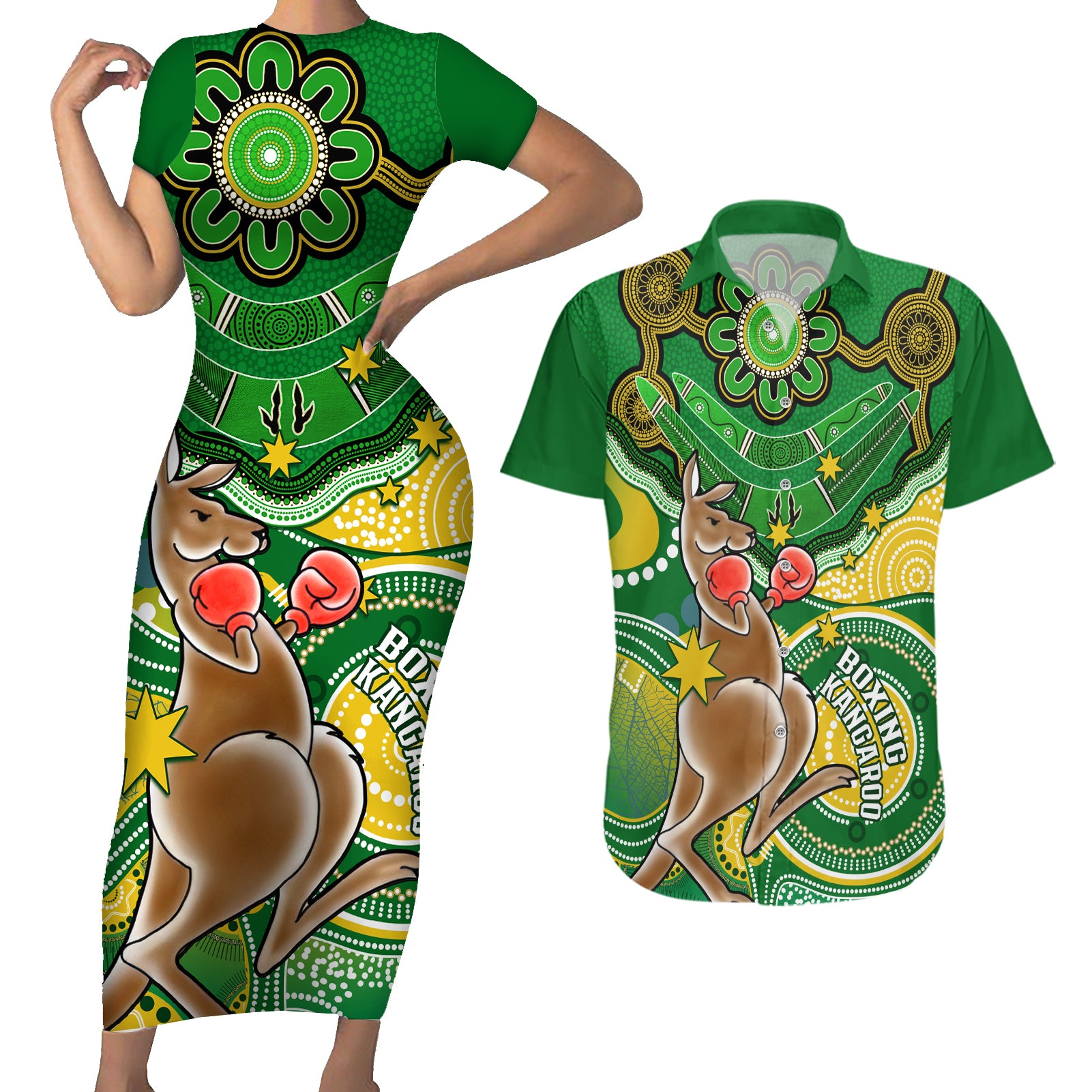 personalised-australia-boxing-kangaroo-couples-matching-short-sleeve-bodycon-dress-and-hawaiian-shirt-aussie-indigenous-art-mix-national-color