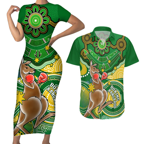 personalised-australia-boxing-kangaroo-couples-matching-short-sleeve-bodycon-dress-and-hawaiian-shirt-aussie-indigenous-art-mix-national-color