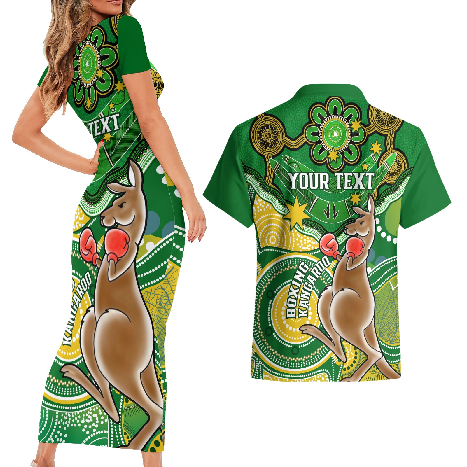 personalised-australia-boxing-kangaroo-couples-matching-short-sleeve-bodycon-dress-and-hawaiian-shirt-aussie-indigenous-art-mix-national-color