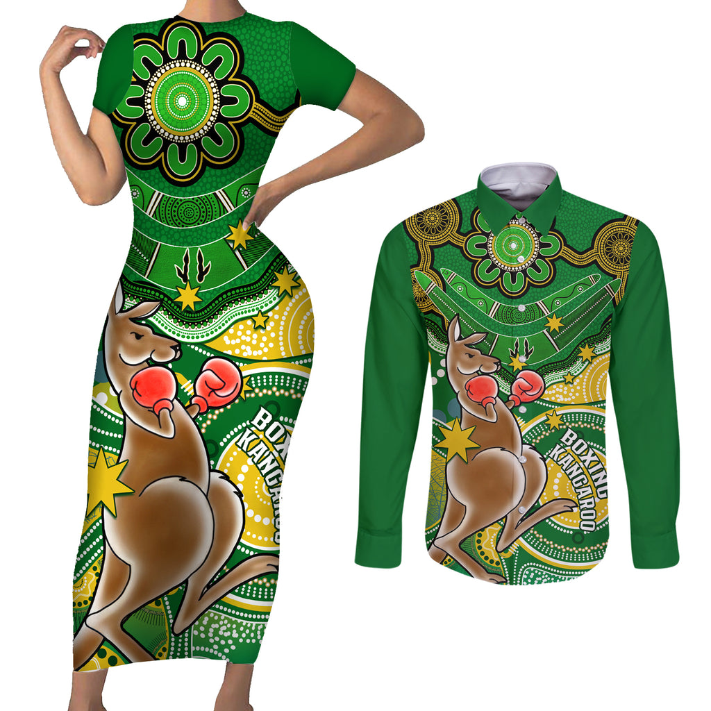 personalised-australia-boxing-kangaroo-couples-matching-short-sleeve-bodycon-dress-and-long-sleeve-button-shirt-aussie-indigenous-art-mix-national-color