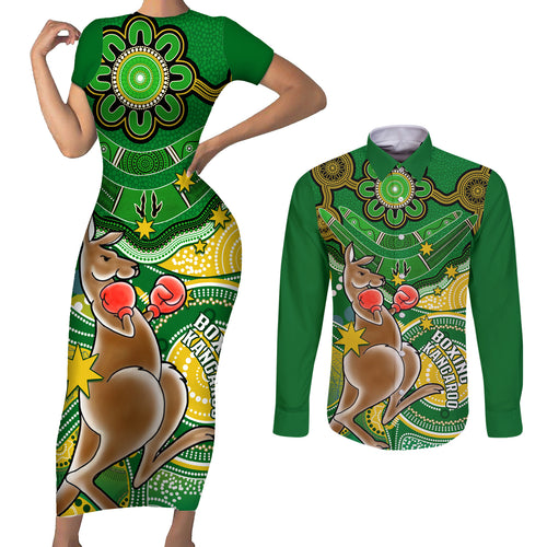 personalised-australia-boxing-kangaroo-couples-matching-short-sleeve-bodycon-dress-and-long-sleeve-button-shirt-aussie-indigenous-art-mix-national-color
