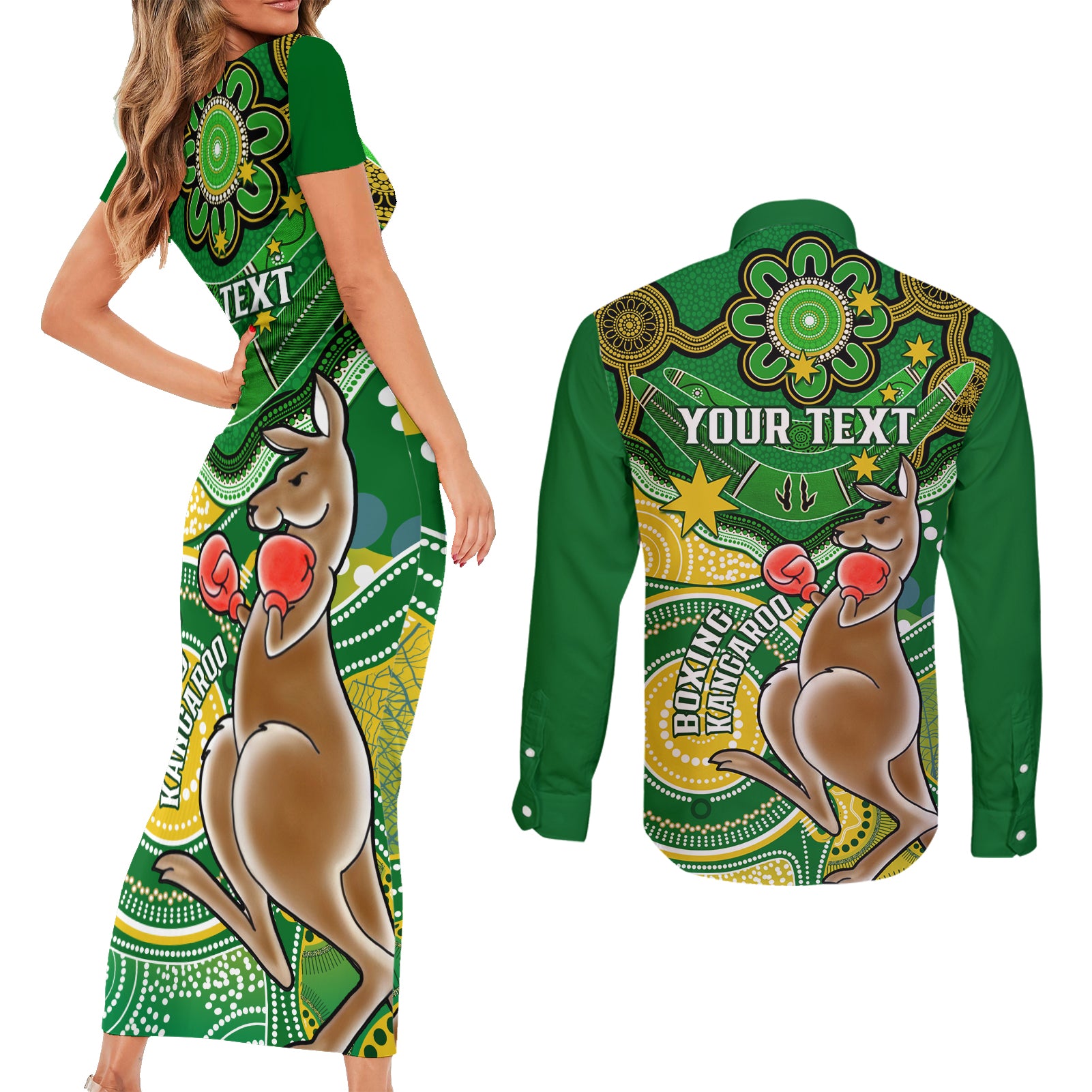 personalised-australia-boxing-kangaroo-couples-matching-short-sleeve-bodycon-dress-and-long-sleeve-button-shirt-aussie-indigenous-art-mix-national-color