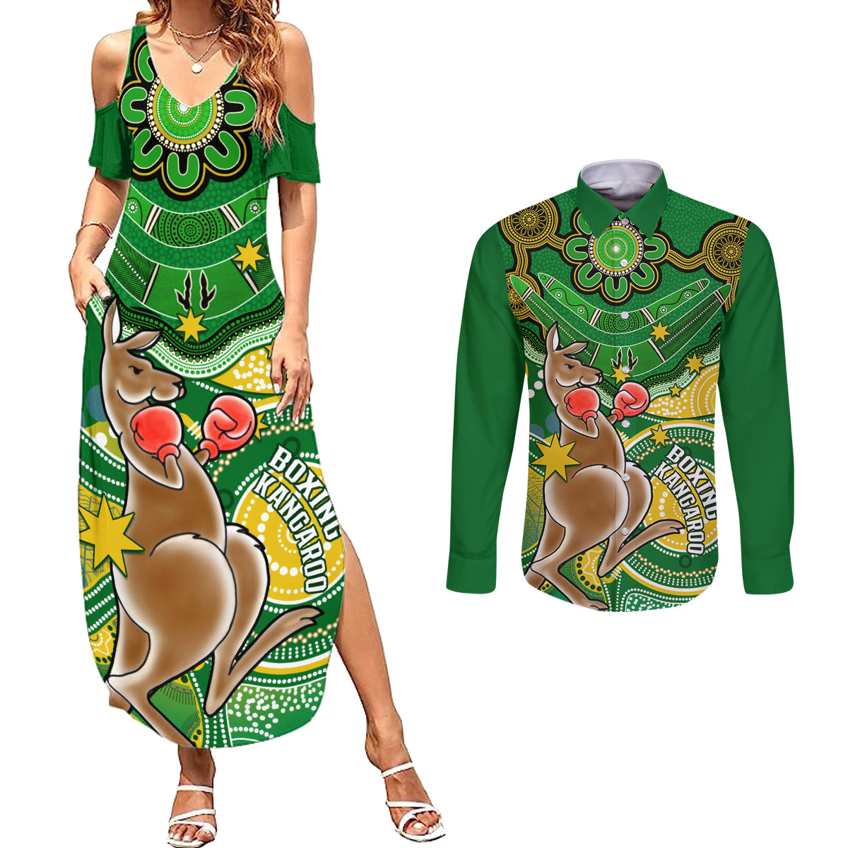 personalised-australia-boxing-kangaroo-couples-matching-summer-maxi-dress-and-long-sleeve-button-shirt-aussie-indigenous-art-mix-national-color
