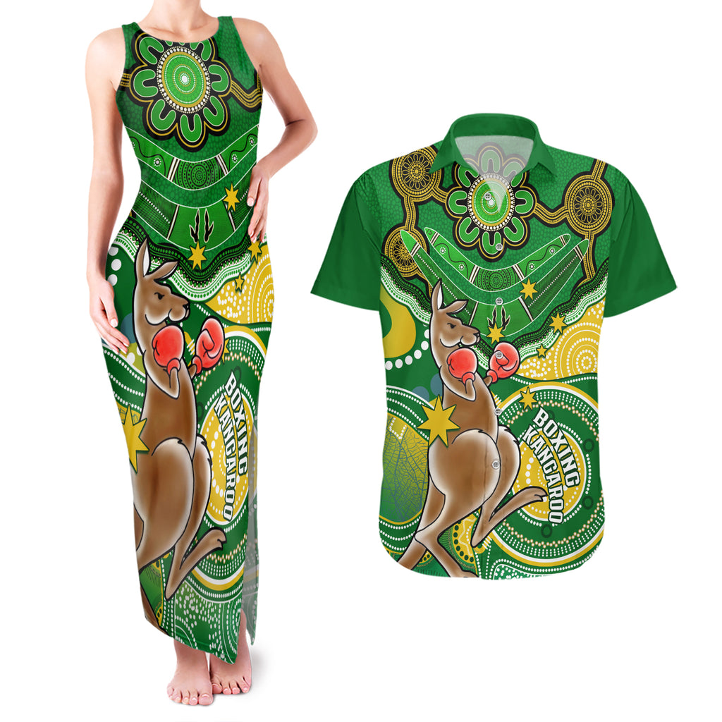 personalised-australia-boxing-kangaroo-couples-matching-tank-maxi-dress-and-hawaiian-shirt-aussie-indigenous-art-mix-national-color
