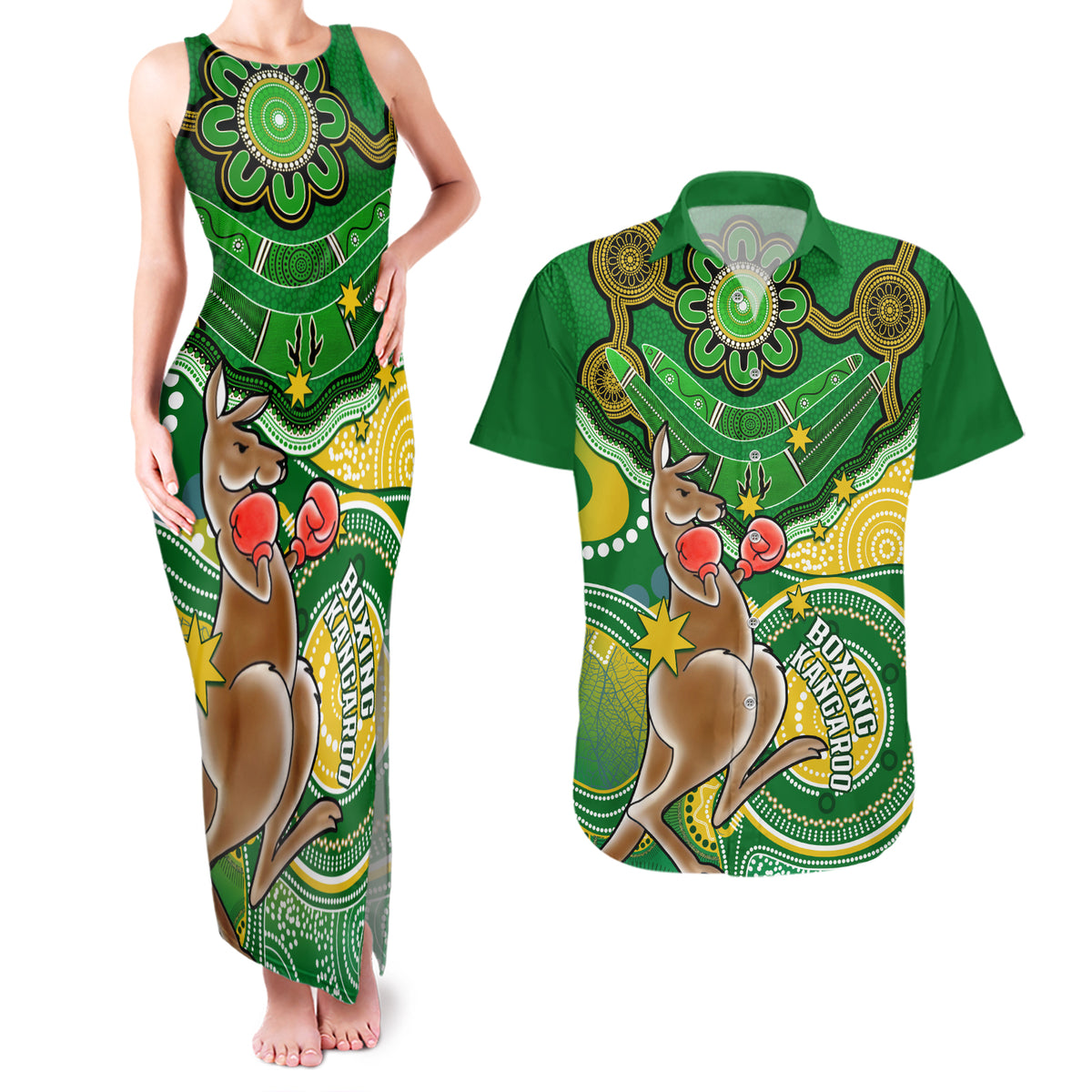 personalised-australia-boxing-kangaroo-couples-matching-tank-maxi-dress-and-hawaiian-shirt-aussie-indigenous-art-mix-national-color