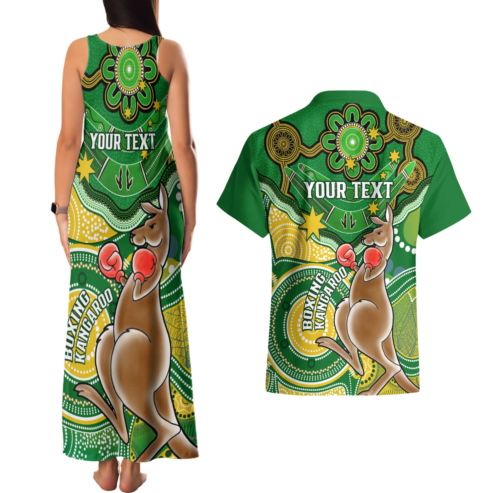 personalised-australia-boxing-kangaroo-couples-matching-tank-maxi-dress-and-hawaiian-shirt-aussie-indigenous-art-mix-national-color