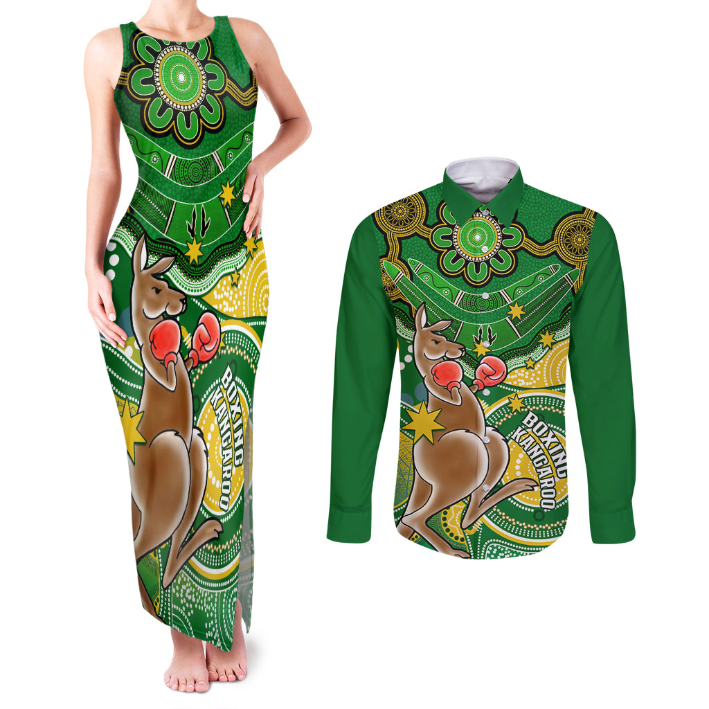 personalised-australia-boxing-kangaroo-couples-matching-tank-maxi-dress-and-long-sleeve-button-shirt-aussie-indigenous-art-mix-national-color