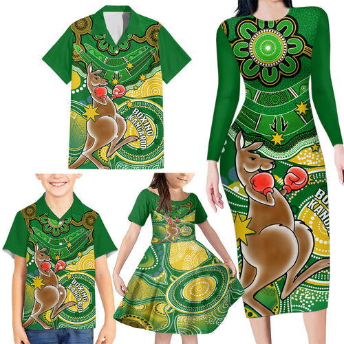 personalised-australia-boxing-kangaroo-family-matching-long-sleeve-bodycon-dress-and-hawaiian-shirt-aussie-indigenous-art-mix-national-color