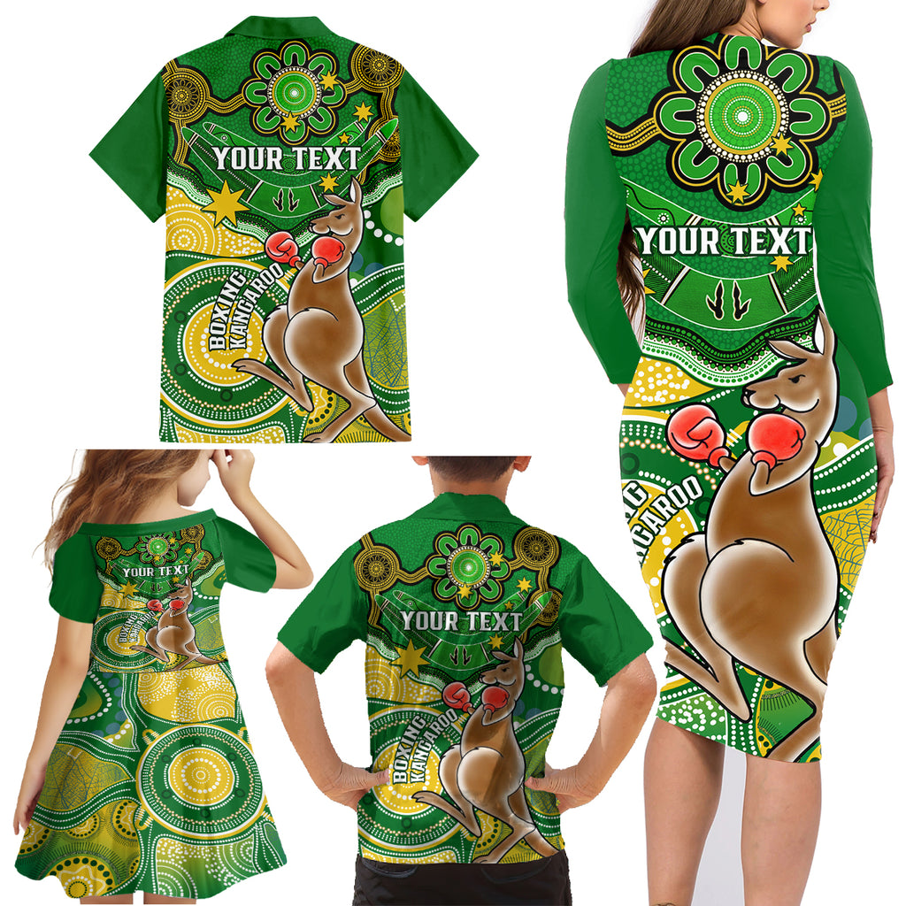 personalised-australia-boxing-kangaroo-family-matching-long-sleeve-bodycon-dress-and-hawaiian-shirt-aussie-indigenous-art-mix-national-color