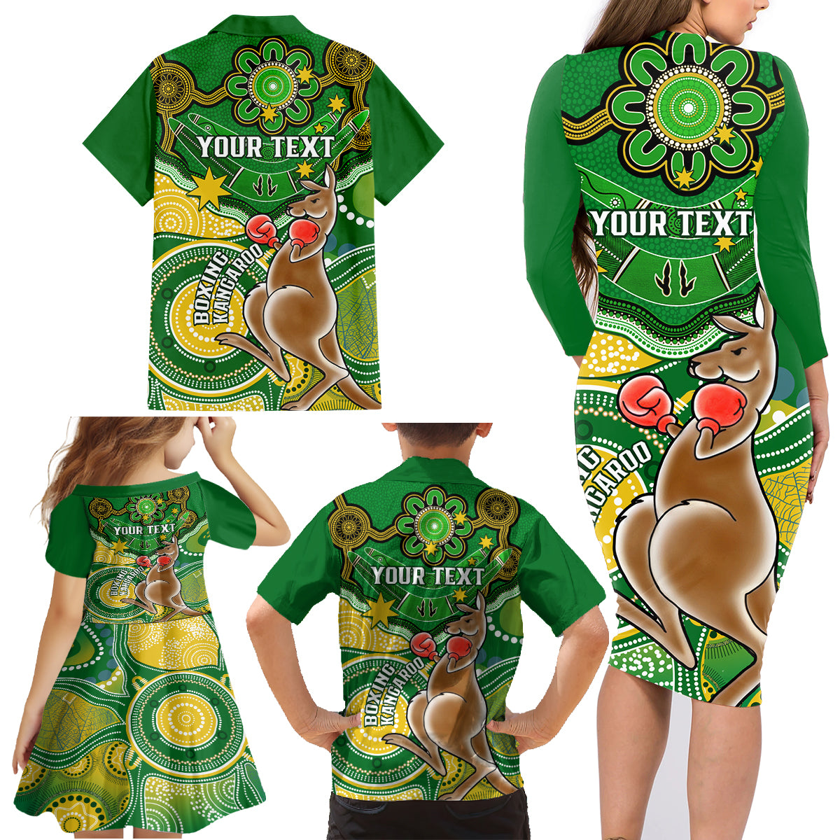 personalised-australia-boxing-kangaroo-family-matching-long-sleeve-bodycon-dress-and-hawaiian-shirt-aussie-indigenous-art-mix-national-color