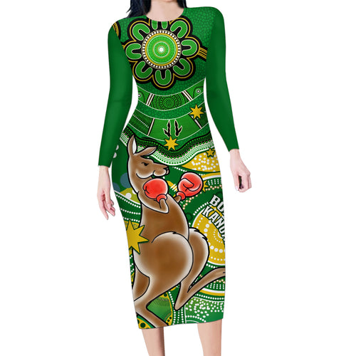 personalised-australia-boxing-kangaroo-family-matching-long-sleeve-bodycon-dress-and-hawaiian-shirt-aussie-indigenous-art-mix-national-color