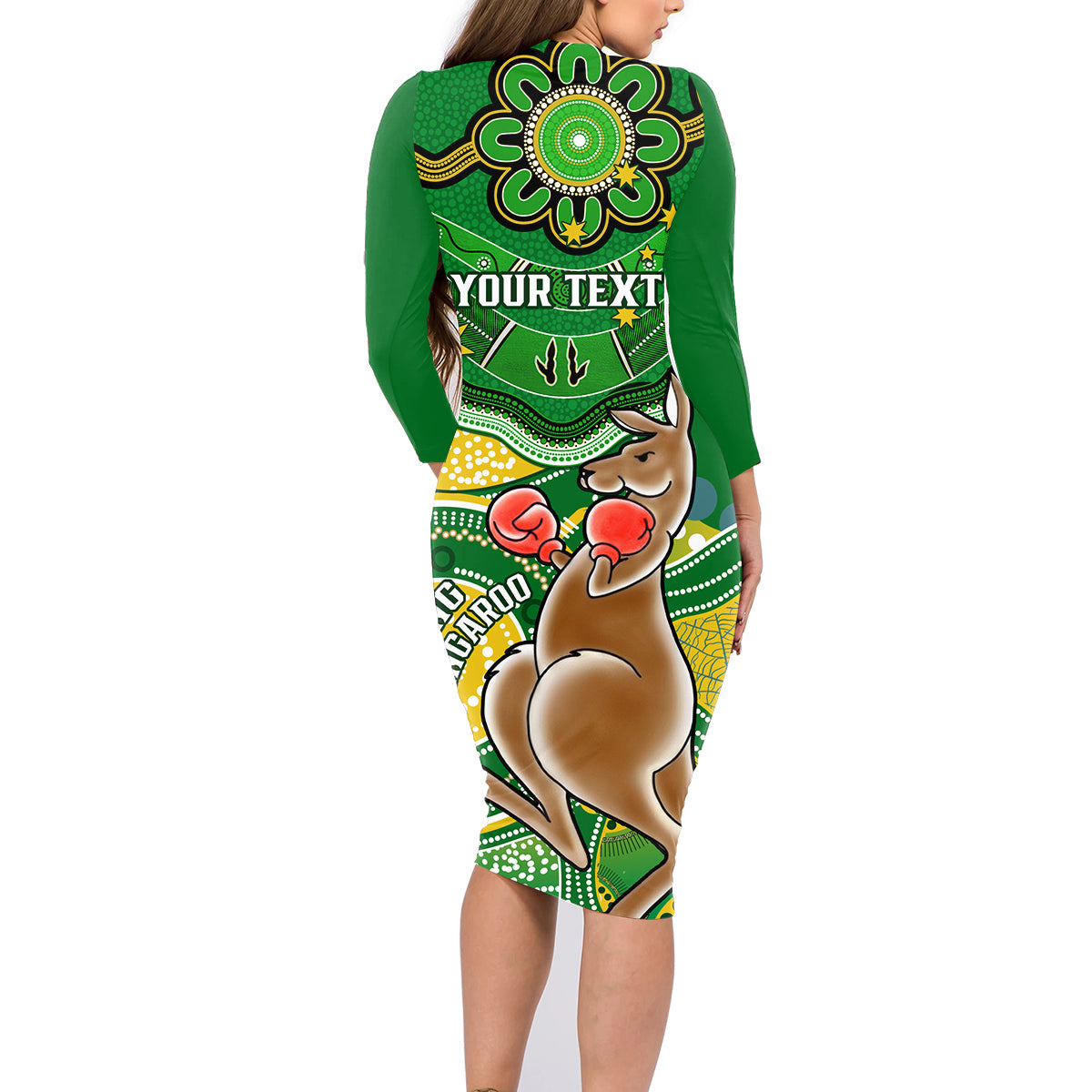 personalised-australia-boxing-kangaroo-family-matching-long-sleeve-bodycon-dress-and-hawaiian-shirt-aussie-indigenous-art-mix-national-color