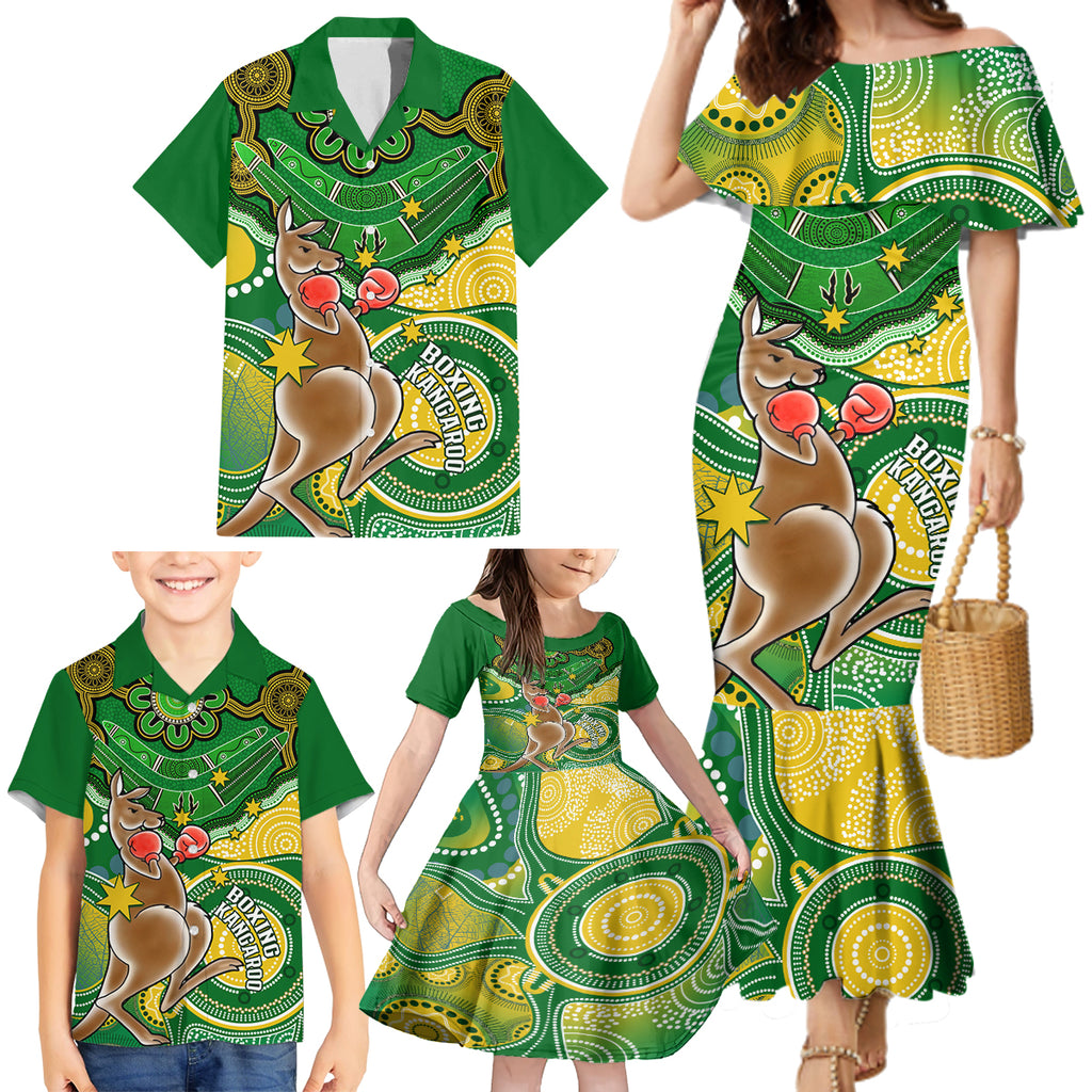 personalised-australia-boxing-kangaroo-family-matching-mermaid-dress-and-hawaiian-shirt-aussie-indigenous-art-mix-national-color
