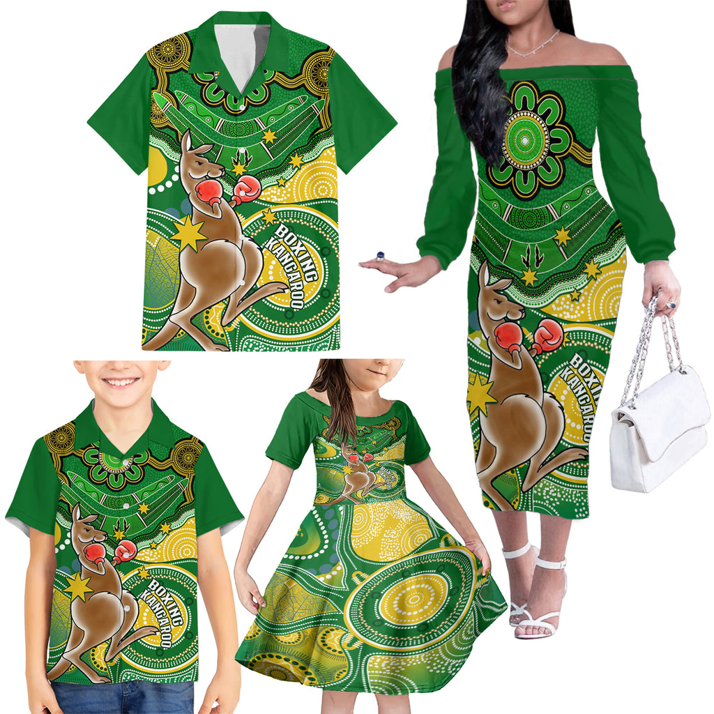 personalised-australia-boxing-kangaroo-family-matching-off-shoulder-long-sleeve-dress-and-hawaiian-shirt-aussie-indigenous-art-mix-national-color