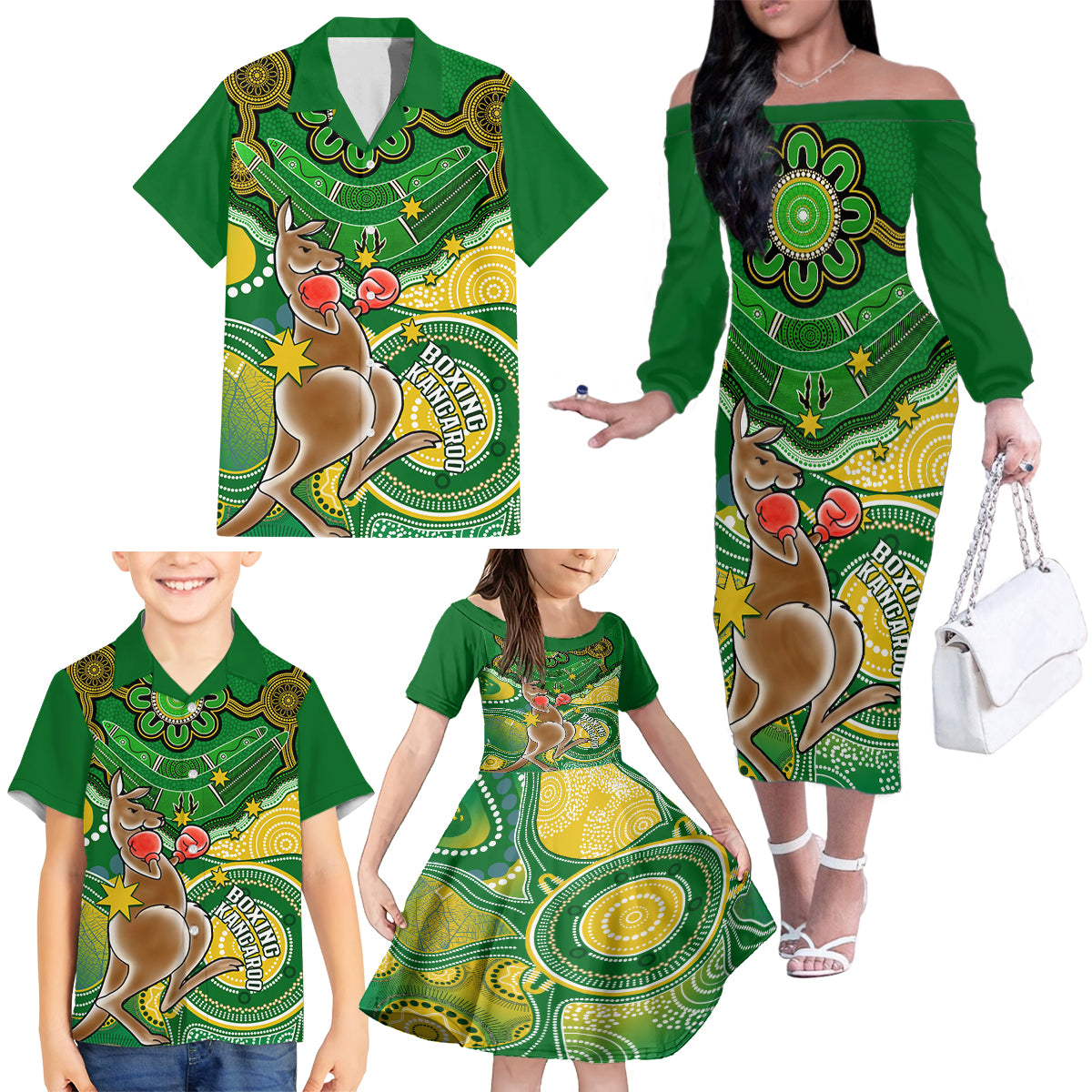personalised-australia-boxing-kangaroo-family-matching-off-shoulder-long-sleeve-dress-and-hawaiian-shirt-aussie-indigenous-art-mix-national-color