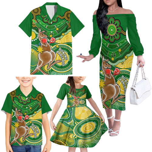 personalised-australia-boxing-kangaroo-family-matching-off-shoulder-long-sleeve-dress-and-hawaiian-shirt-aussie-indigenous-art-mix-national-color