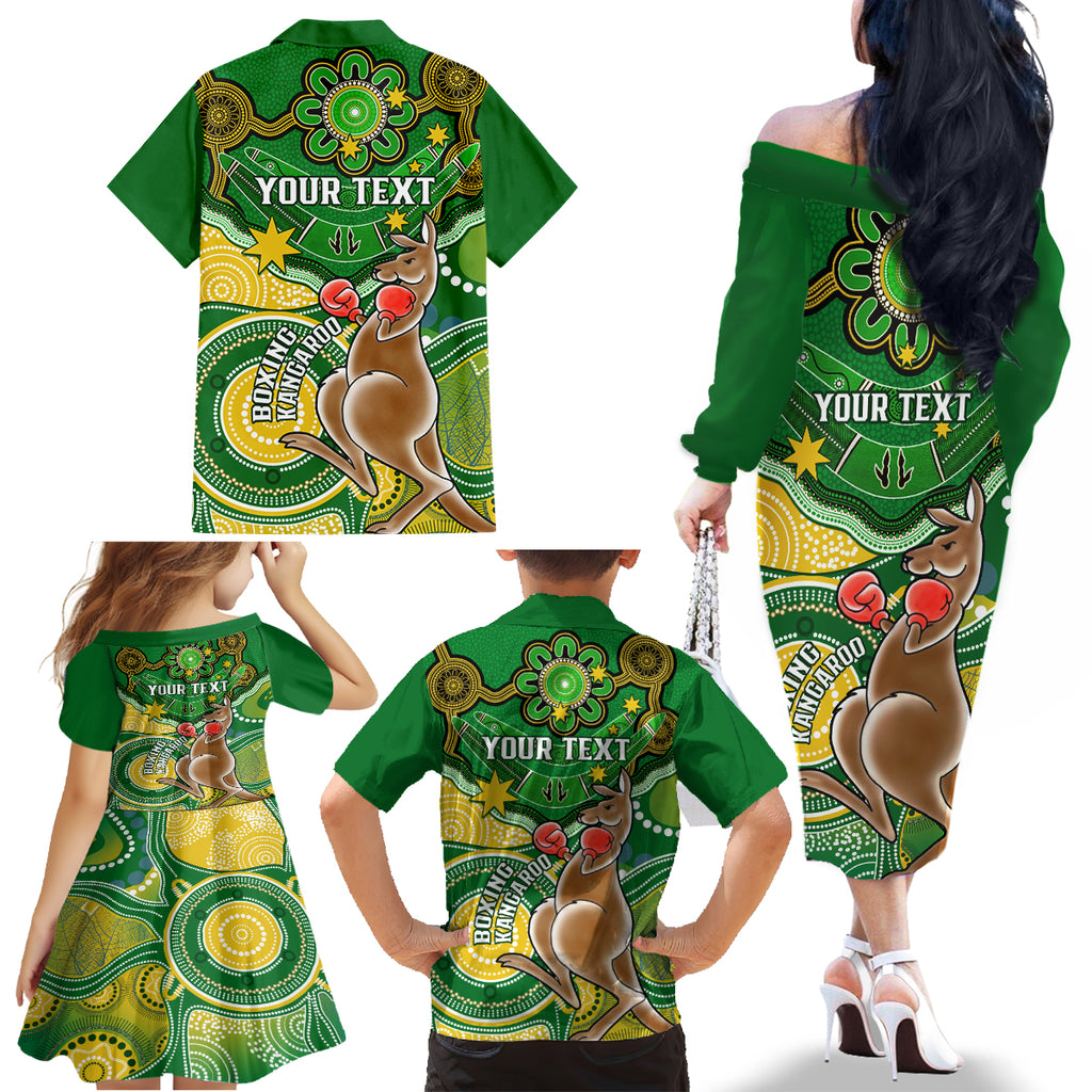 personalised-australia-boxing-kangaroo-family-matching-off-shoulder-long-sleeve-dress-and-hawaiian-shirt-aussie-indigenous-art-mix-national-color
