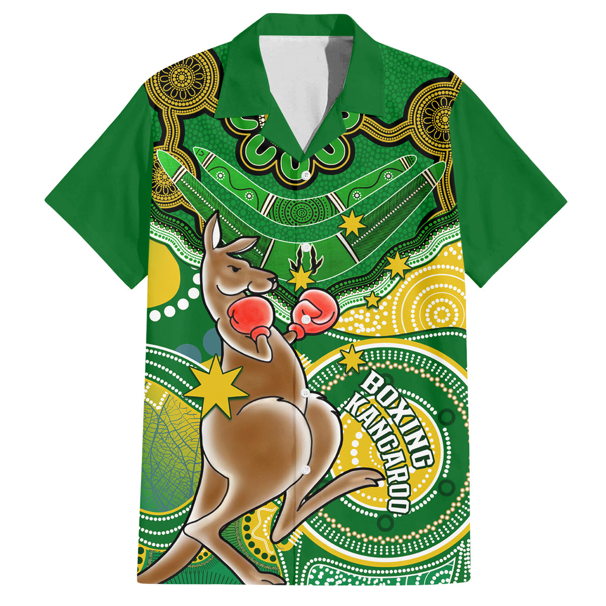 personalised-australia-boxing-kangaroo-family-matching-off-shoulder-long-sleeve-dress-and-hawaiian-shirt-aussie-indigenous-art-mix-national-color