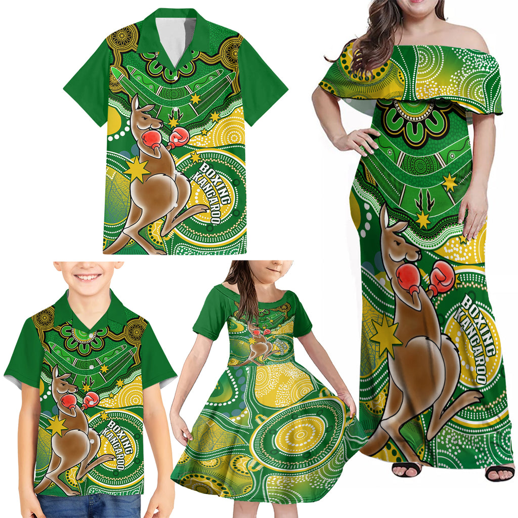 personalised-australia-boxing-kangaroo-family-matching-off-shoulder-maxi-dress-and-hawaiian-shirt-aussie-indigenous-art-mix-national-color