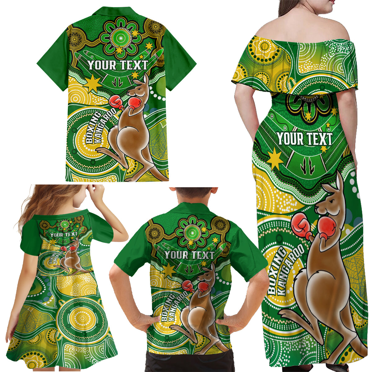 personalised-australia-boxing-kangaroo-family-matching-off-shoulder-maxi-dress-and-hawaiian-shirt-aussie-indigenous-art-mix-national-color
