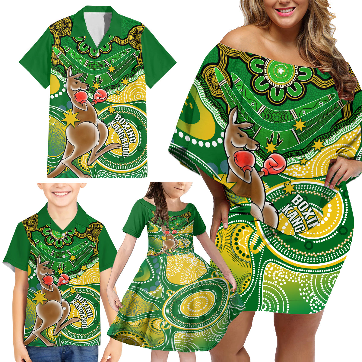 personalised-australia-boxing-kangaroo-family-matching-off-shoulder-short-dress-and-hawaiian-shirt-aussie-indigenous-art-mix-national-color