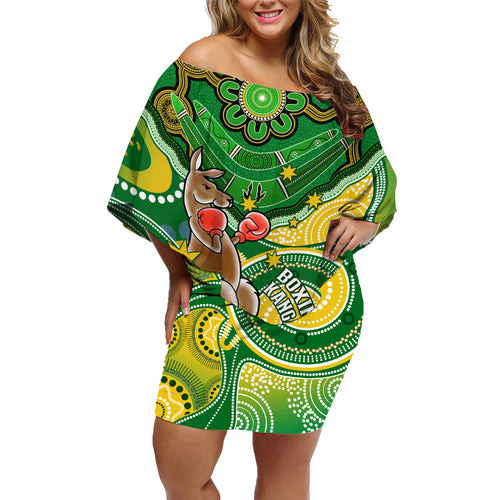 personalised-australia-boxing-kangaroo-family-matching-off-shoulder-short-dress-and-hawaiian-shirt-aussie-indigenous-art-mix-national-color
