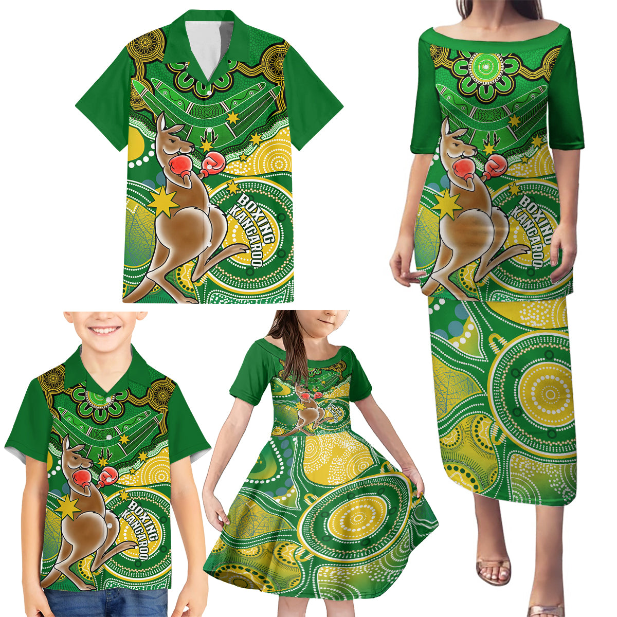personalised-australia-boxing-kangaroo-family-matching-puletasi-dress-and-hawaiian-shirt-aussie-indigenous-art-mix-national-color