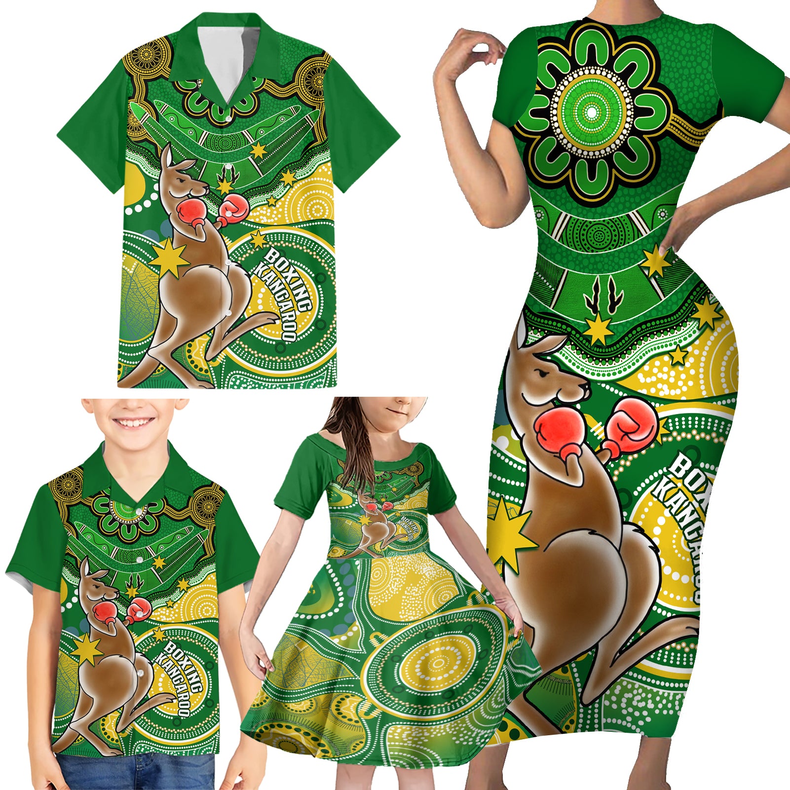 personalised-australia-boxing-kangaroo-family-matching-short-sleeve-bodycon-dress-and-hawaiian-shirt-aussie-indigenous-art-mix-national-color