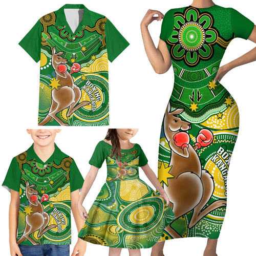 personalised-australia-boxing-kangaroo-family-matching-short-sleeve-bodycon-dress-and-hawaiian-shirt-aussie-indigenous-art-mix-national-color