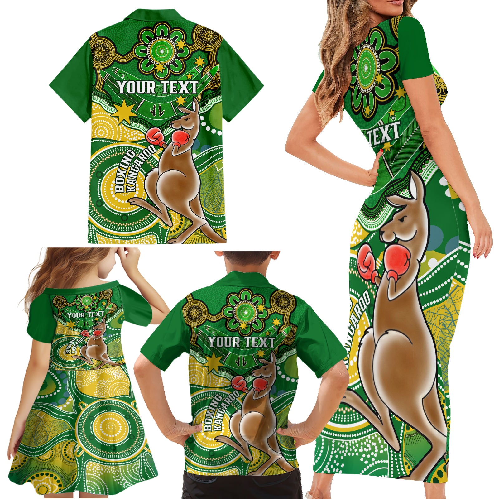 personalised-australia-boxing-kangaroo-family-matching-short-sleeve-bodycon-dress-and-hawaiian-shirt-aussie-indigenous-art-mix-national-color