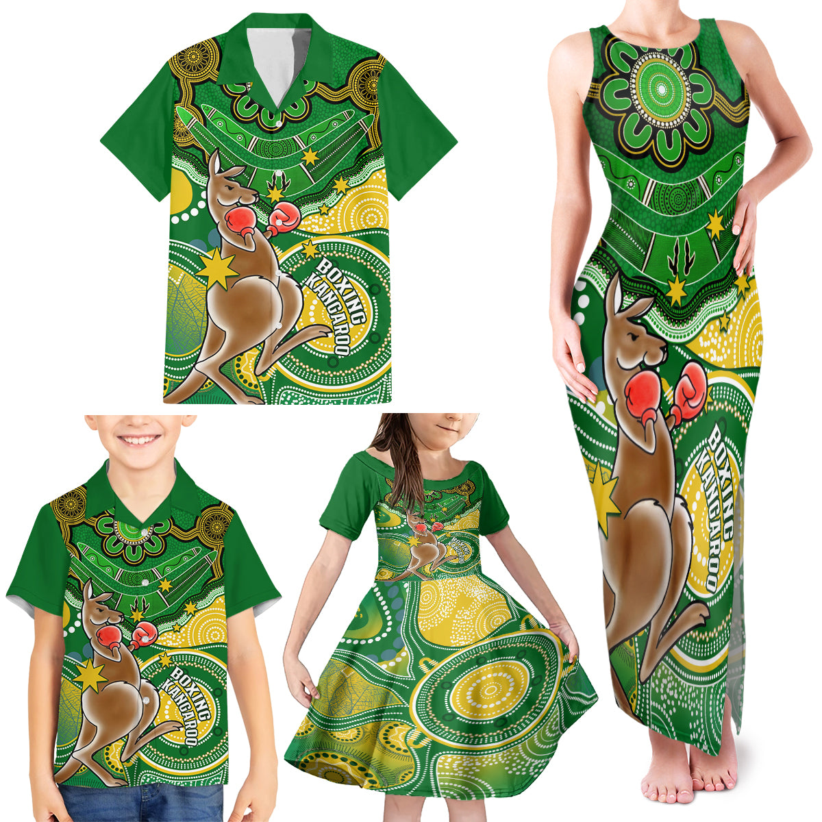 personalised-australia-boxing-kangaroo-family-matching-tank-maxi-dress-and-hawaiian-shirt-aussie-indigenous-art-mix-national-color