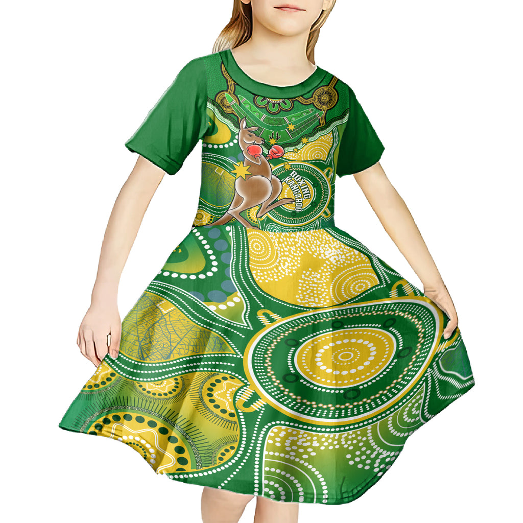 personalised-australia-boxing-kangaroo-kid-short-sleeve-dress-aussie-indigenous-art-mix-national-color