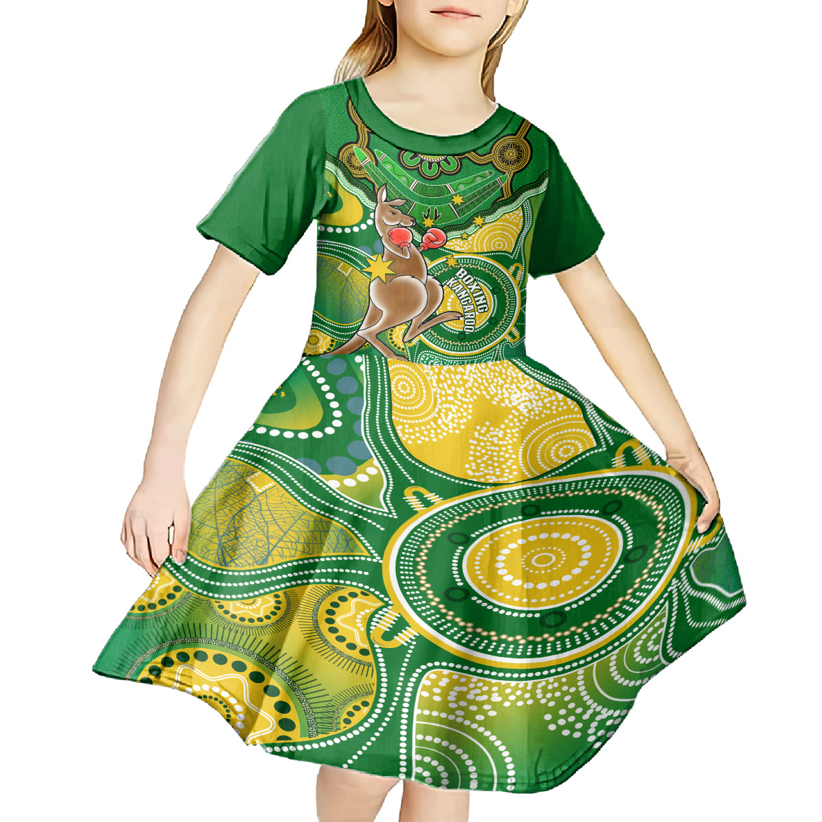 personalised-australia-boxing-kangaroo-kid-short-sleeve-dress-aussie-indigenous-art-mix-national-color