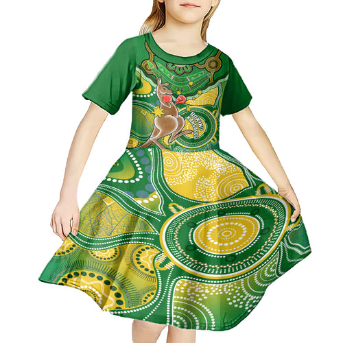 personalised-australia-boxing-kangaroo-kid-short-sleeve-dress-aussie-indigenous-art-mix-national-color