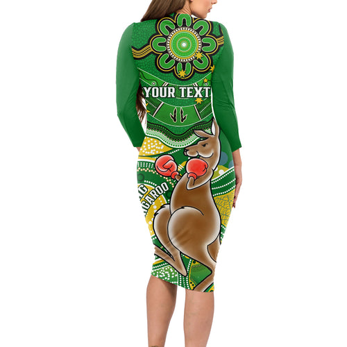 personalised-australia-boxing-kangaroo-long-sleeve-bodycon-dress-aussie-indigenous-art-mix-national-color