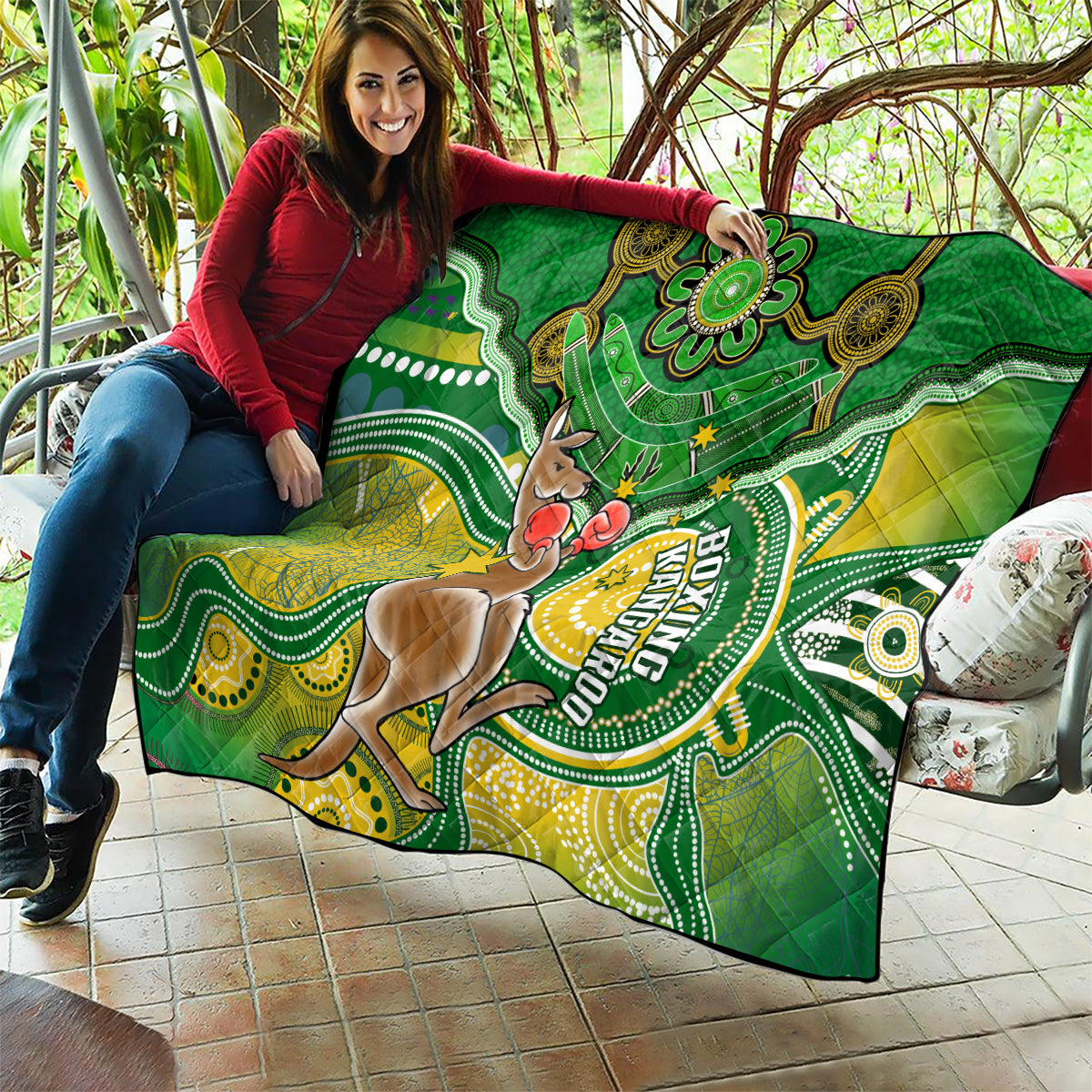 personalised-australia-boxing-kangaroo-quilt-aussie-indigenous-art-mix-national-color