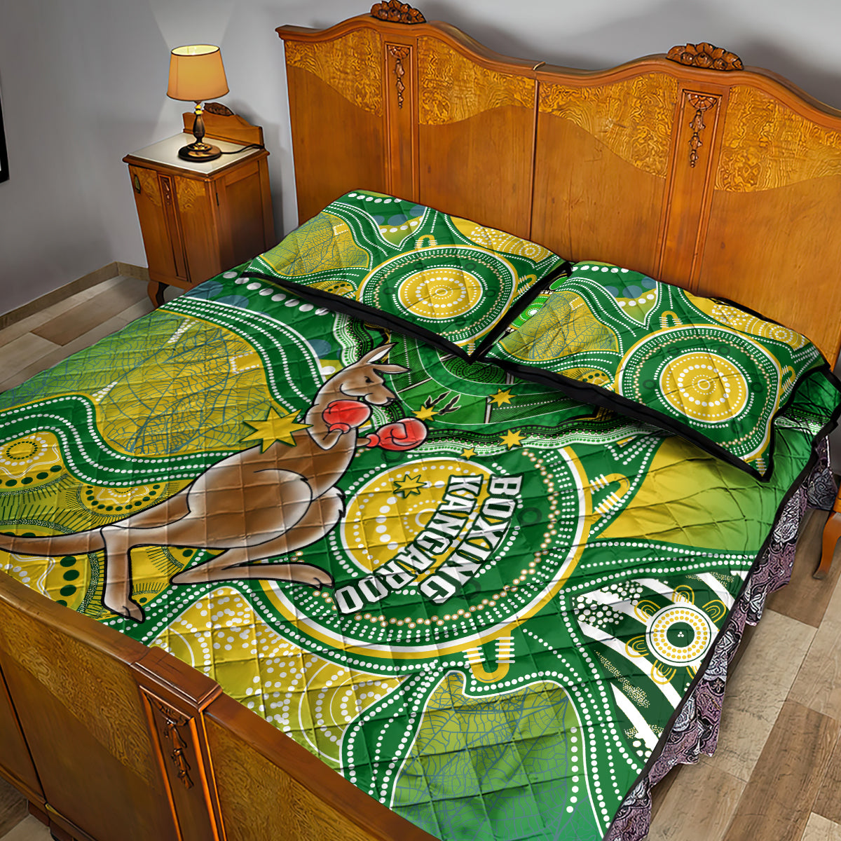 personalised-australia-boxing-kangaroo-quilt-bed-set-aussie-indigenous-art-mix-national-color