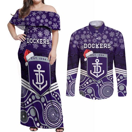 custom-dockers-football-christmas-couples-matching-off-shoulder-maxi-dress-and-long-sleeve-button-shirt-merry-xmas-2023-mix-aboriginal-art