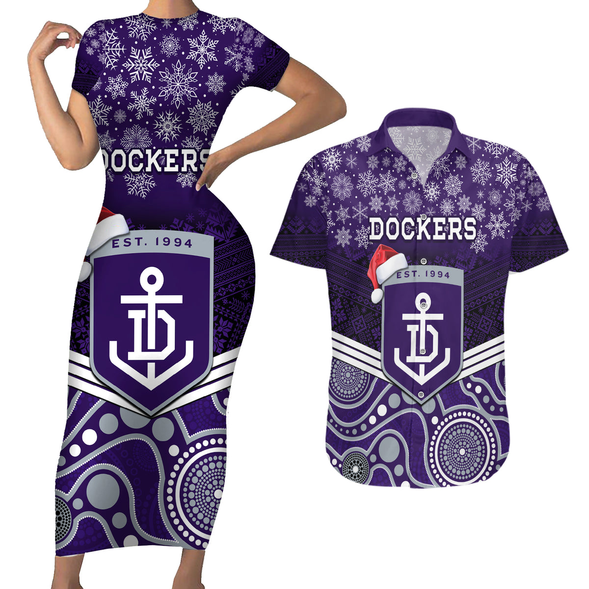 custom-dockers-football-christmas-couples-matching-short-sleeve-bodycon-dress-and-hawaiian-shirt-merry-xmas-2023-mix-aboriginal-art