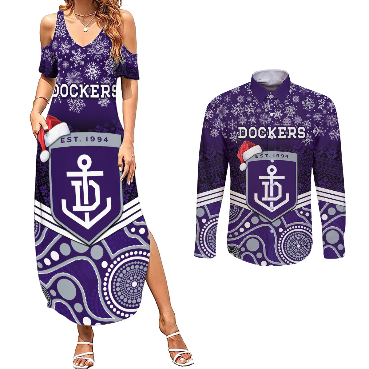 custom-dockers-football-christmas-couples-matching-summer-maxi-dress-and-long-sleeve-button-shirt-merry-xmas-2023-mix-aboriginal-art