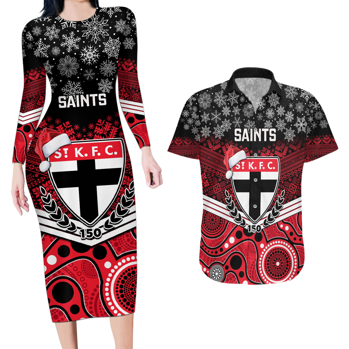 custom-st-kilda-football-christmas-couples-matching-long-sleeve-bodycon-dress-and-hawaiian-shirt-merry-xmas-2023-mix-aboriginal-art