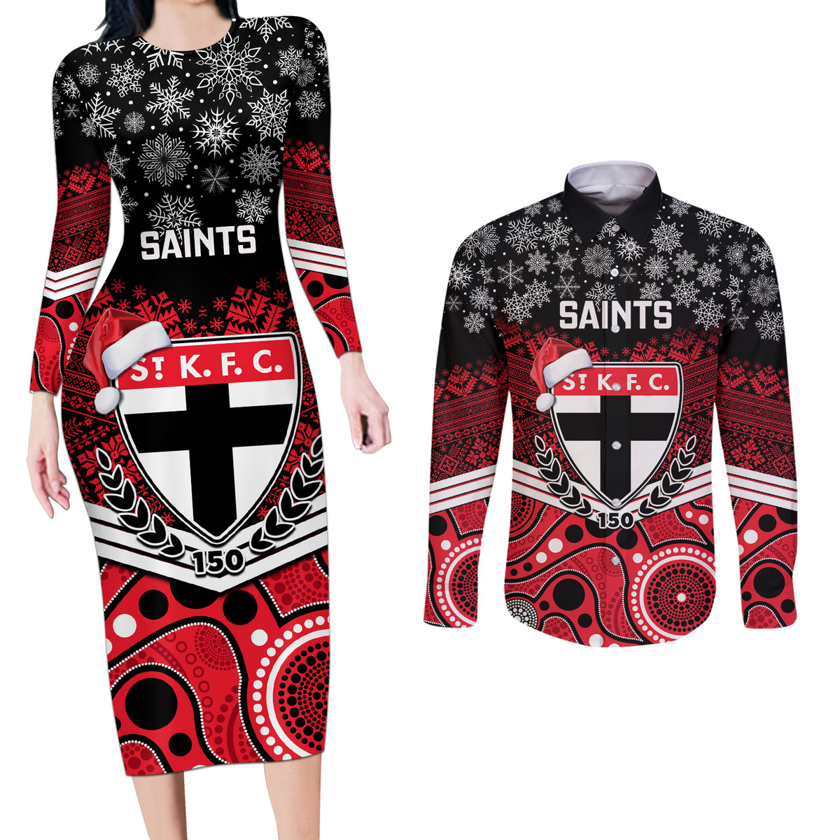 custom-st-kilda-football-christmas-couples-matching-long-sleeve-bodycon-dress-and-long-sleeve-button-shirt-merry-xmas-2023-mix-aboriginal-art