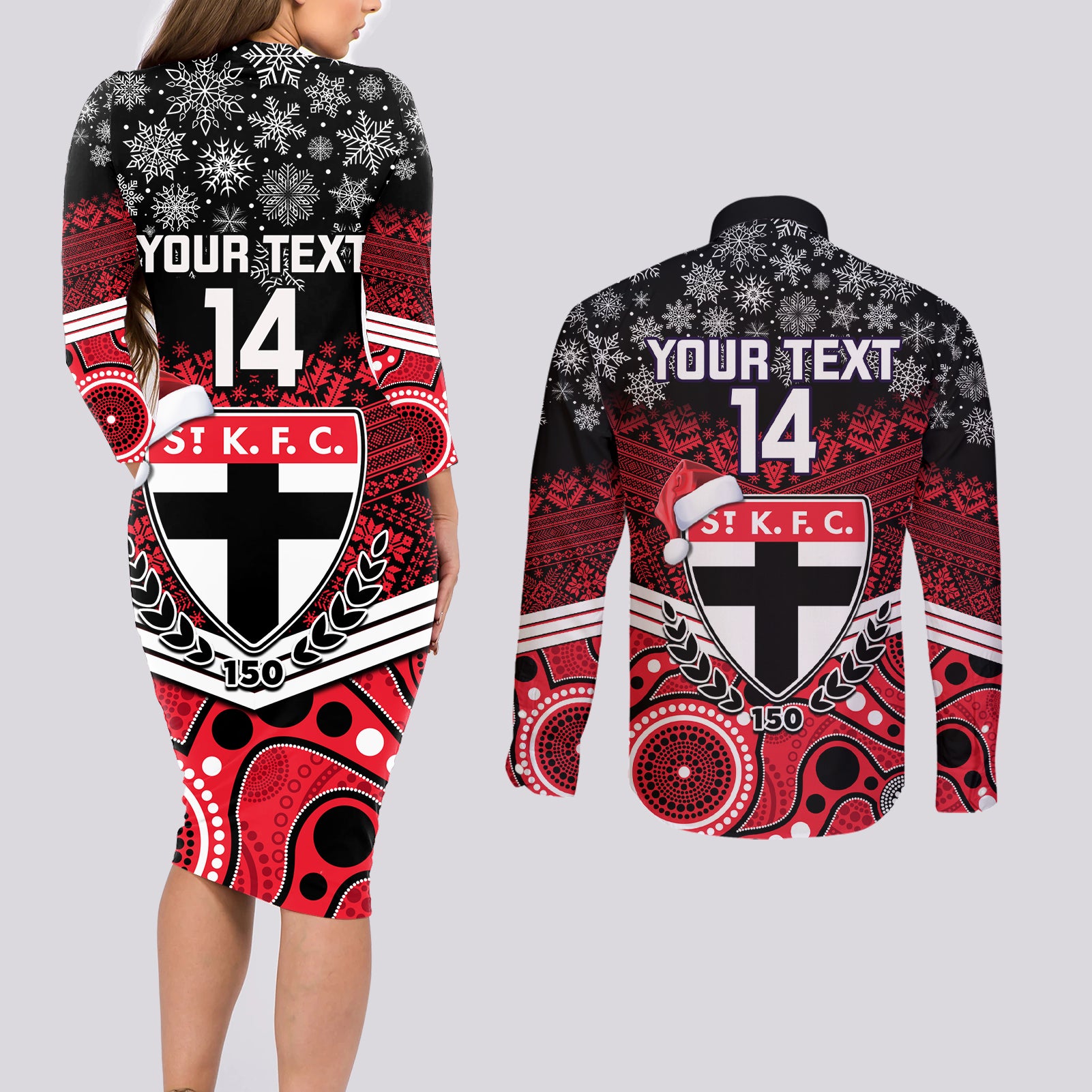 custom-st-kilda-football-christmas-couples-matching-long-sleeve-bodycon-dress-and-long-sleeve-button-shirt-merry-xmas-2023-mix-aboriginal-art