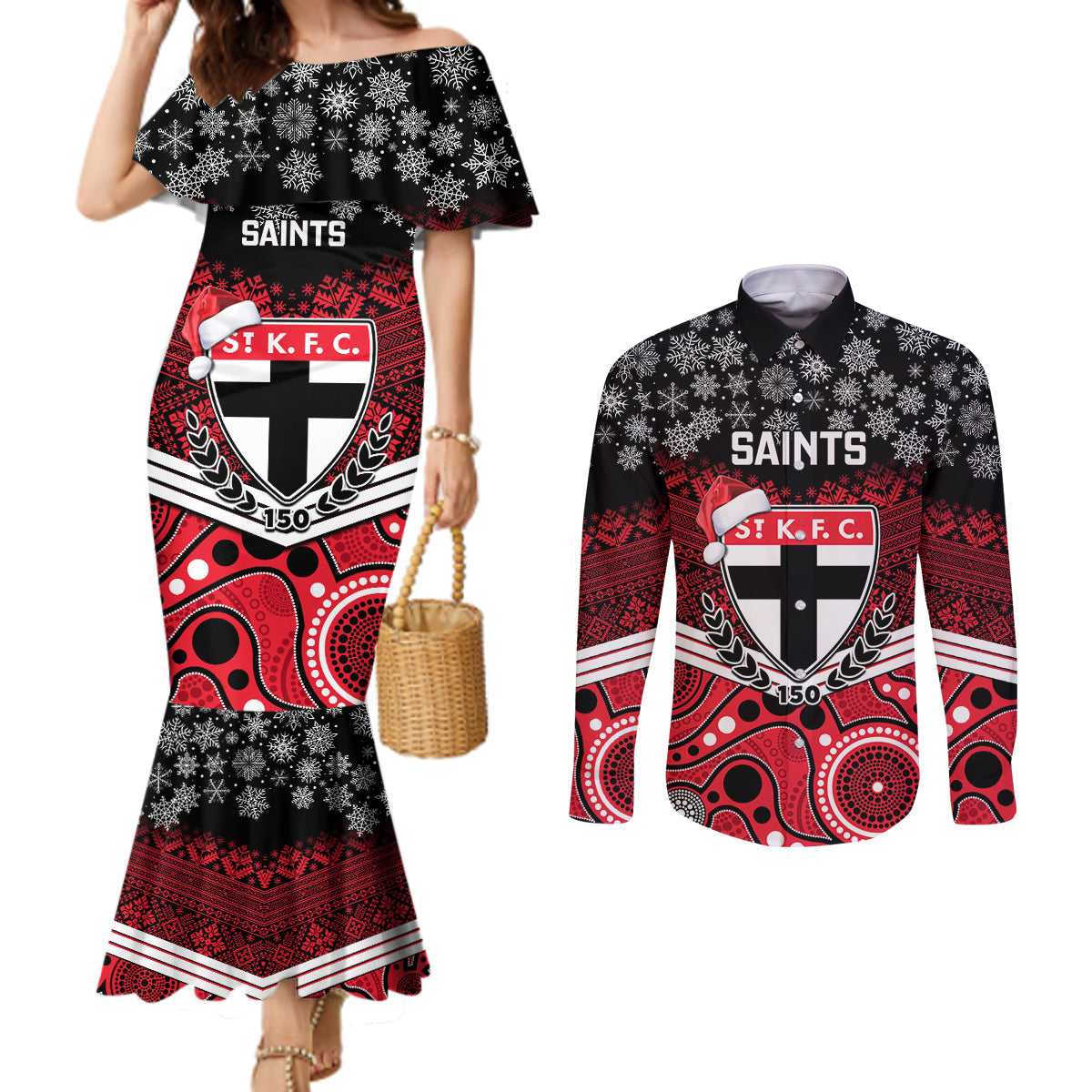 custom-st-kilda-football-christmas-couples-matching-mermaid-dress-and-long-sleeve-button-shirt-merry-xmas-2023-mix-aboriginal-art