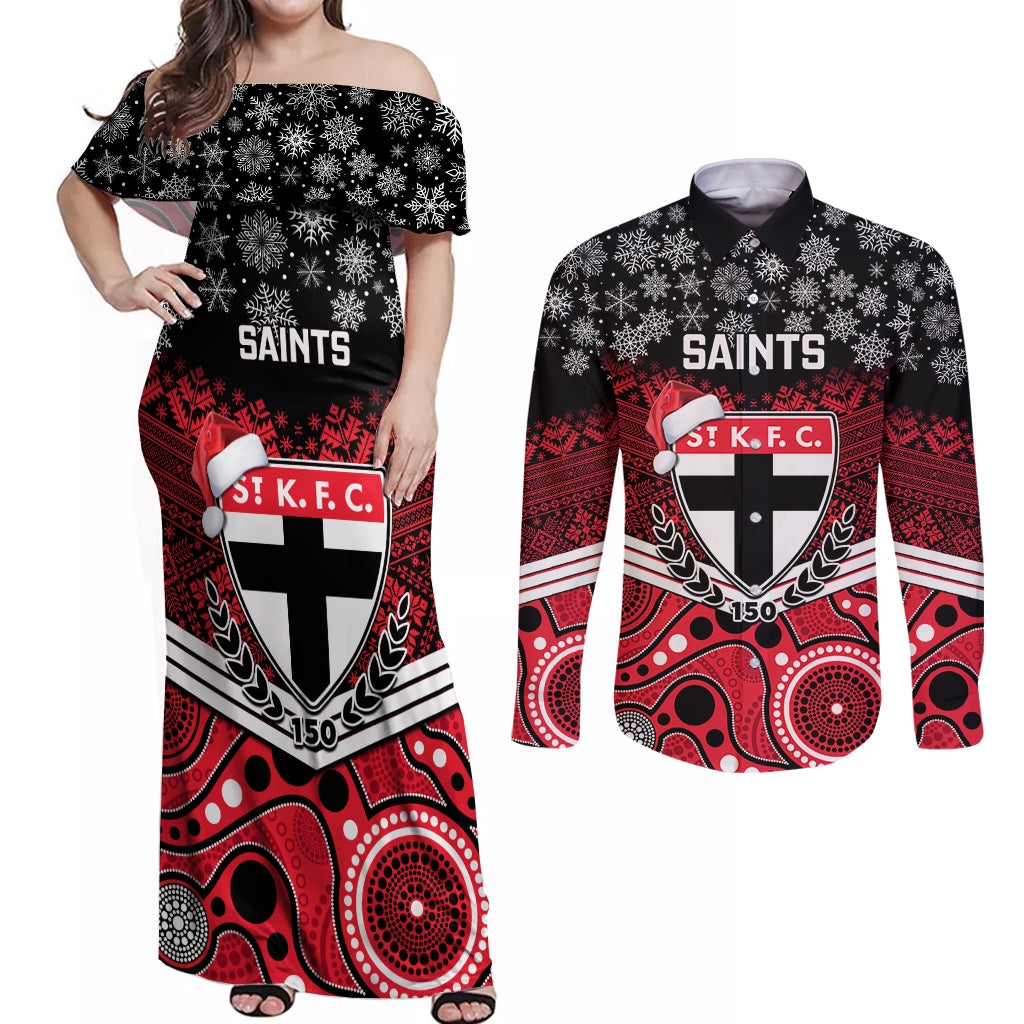 custom-st-kilda-football-christmas-couples-matching-off-shoulder-maxi-dress-and-long-sleeve-button-shirt-merry-xmas-2023-mix-aboriginal-art